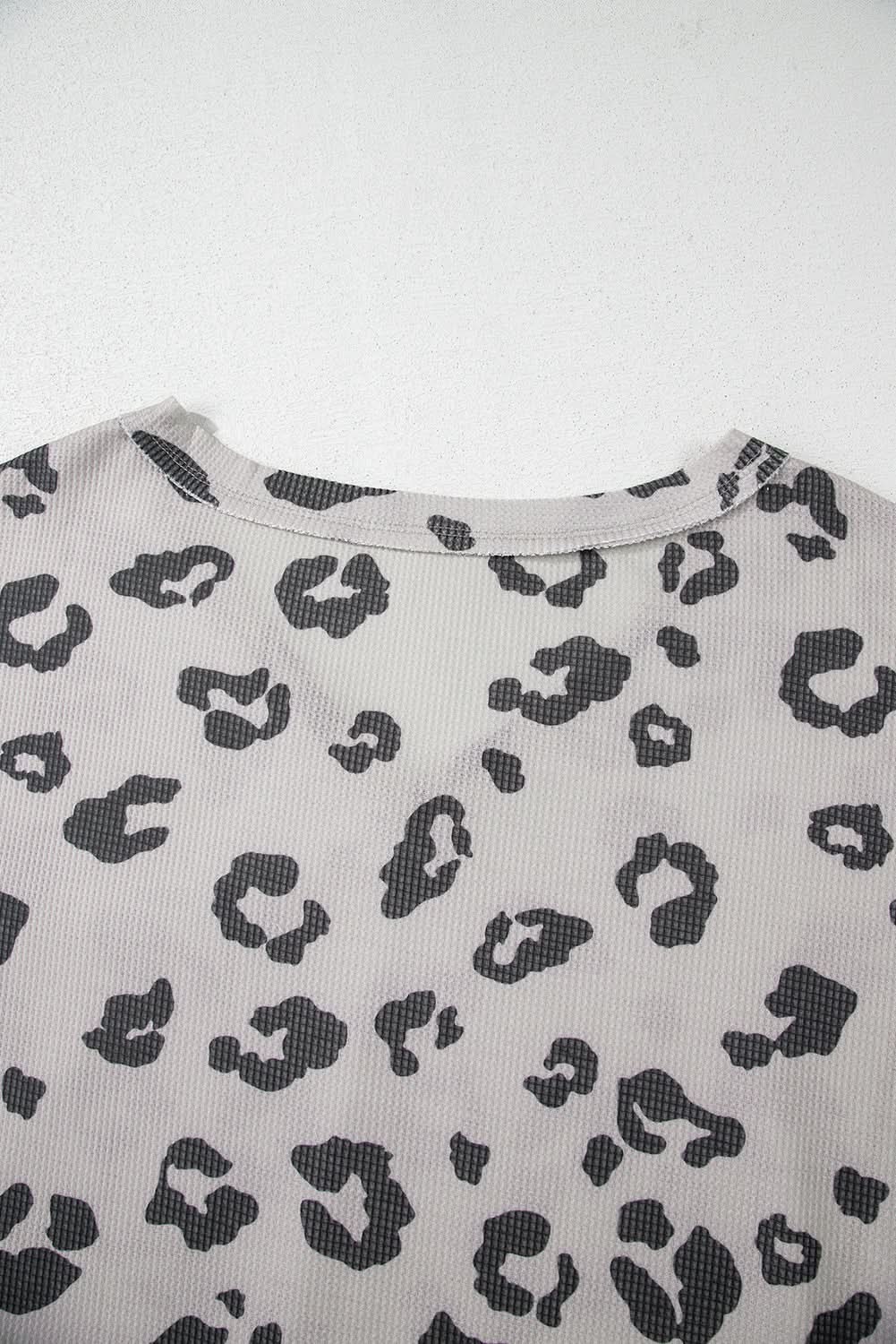 Gray Printed Leopard Balloon Sleeve Thermal Knit Plus Size Top - Love Salve